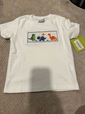 White Short-Sleeve Kids Tee with Colorful Dino Appliqué